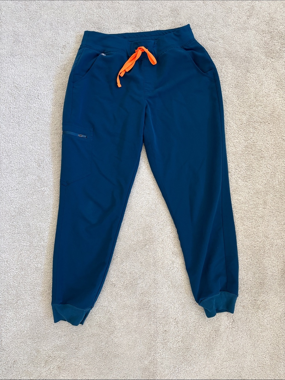 Figs Women’s Deep Reef Blue Jogger Pants with Orange Drawstring. Short/petite